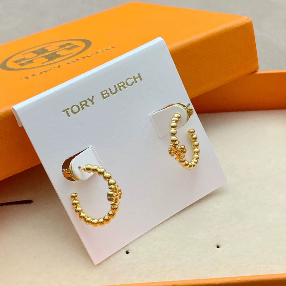 Tory Burch Gold Plated Titanium Steel Small Bead Hoop Earrings